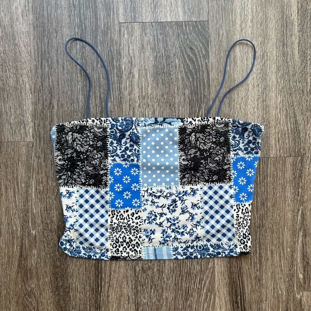Blue Patchwork Print Spaghetti Strap Crop Top - Unbranded